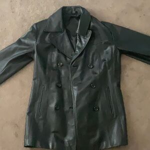 Black leather jacket, double breasted fully lined, size small, two front pockets